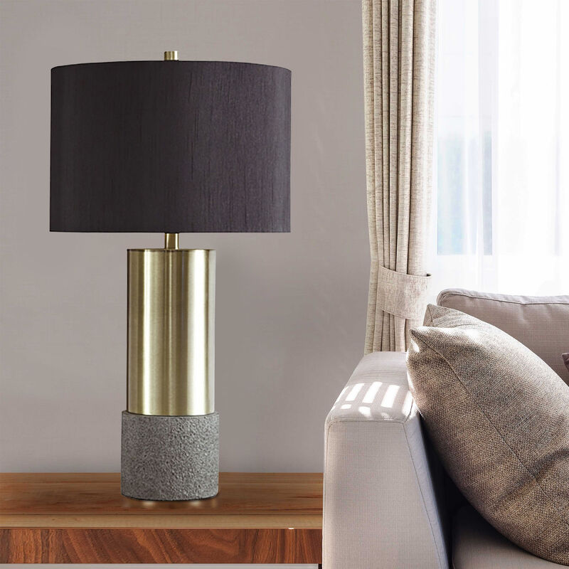 Faux Concrete and Metal Base Table Lamp, Set of 2, Brass and Gray-Benzara