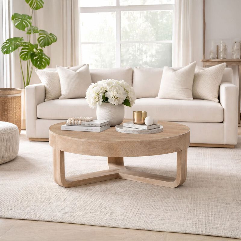 Milan Coffee Table, 32 Inch Round Top, Mango Wood with Sandblasted Natural Brown, Open Sled Base image number 6