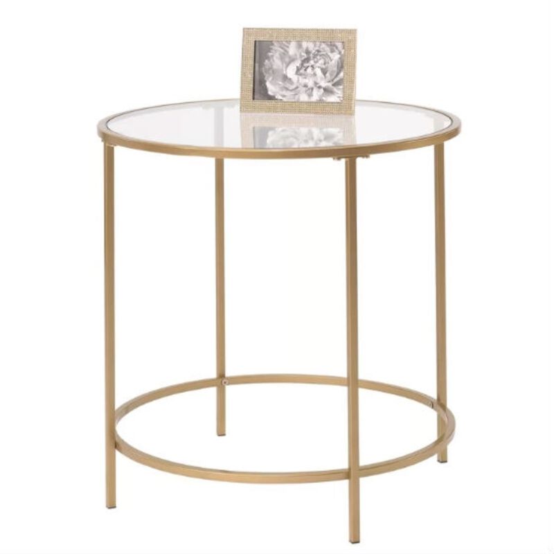 Hivvago Round Glass Top End Table Nightstand with Gold Metal Frame