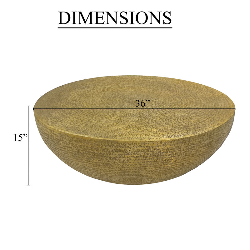 Terminus Coffee Table, 36 Inch Round Bowl Base with Hand Etched Texture, Antique Brass
