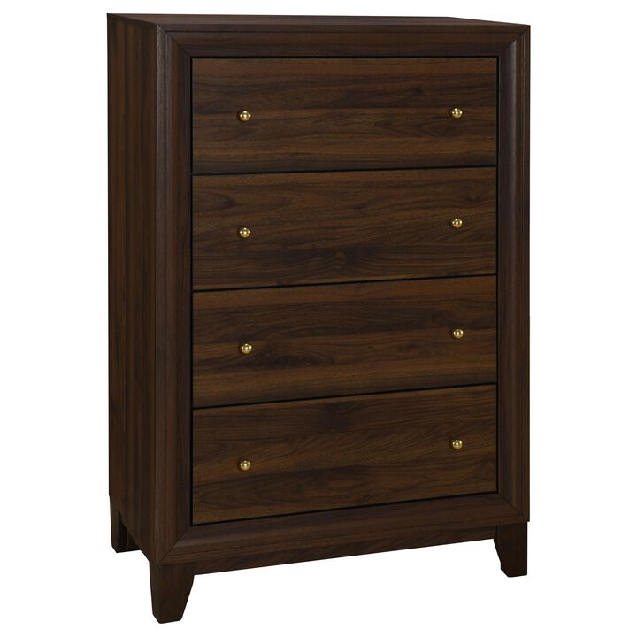 Yels Tall Dresser Chest with 4 Drawers, Gold Metal Knobs, Walnut Brown - Benzara