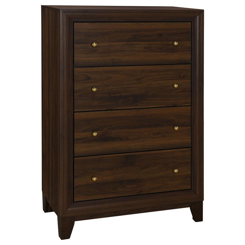 Yels Tall Dresser Chest with 4 Drawers, Gold Metal Knobs, Walnut Brown - Benzara