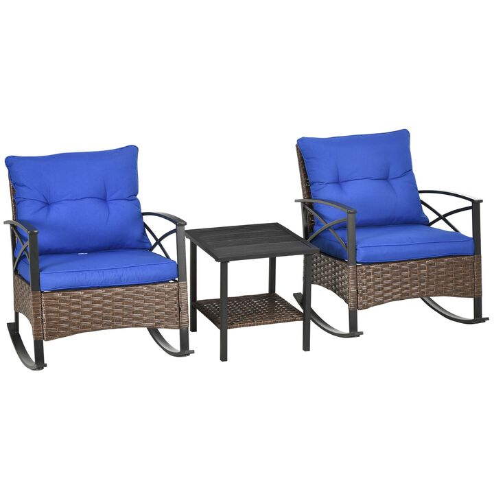 Outsunny 3 Piece Patio Rocking Chair Set, Outdoor Wicker Bistro Set with 2 Cushioned Porch Rockers, 2 Tier Coffee Table, for Gaden, Patio, Dark Blue