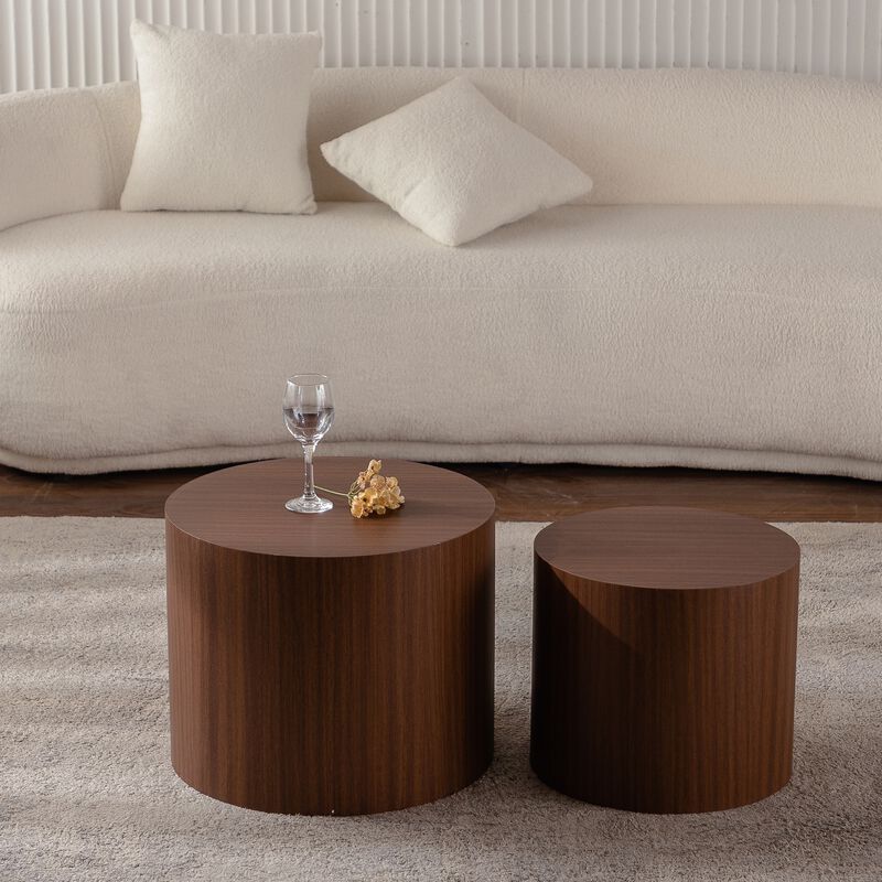 Modern Round Drum Nesting Coffee Table Set of 2, Wooden Cylinder Coffee Tables for Living Room, Space-Saving Design image number 3