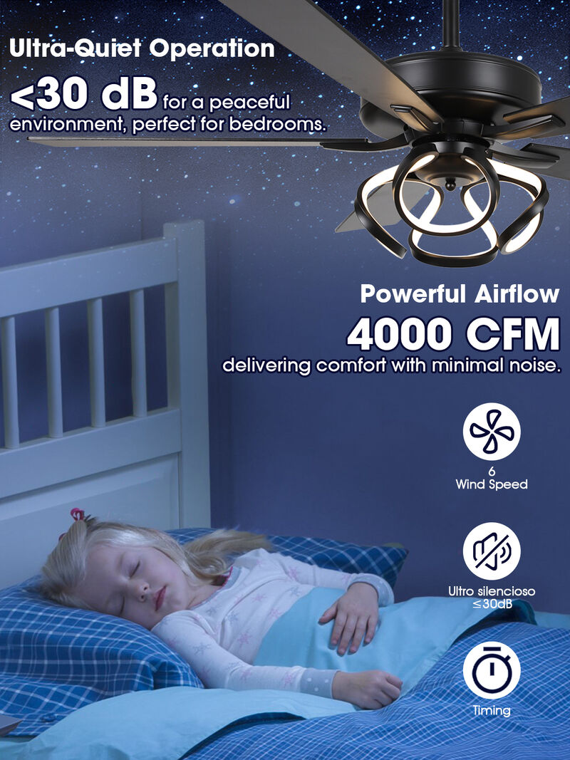 52 in. Matte Black Reversible Blades 6-Speed Ceiling Fan with Light and Remote