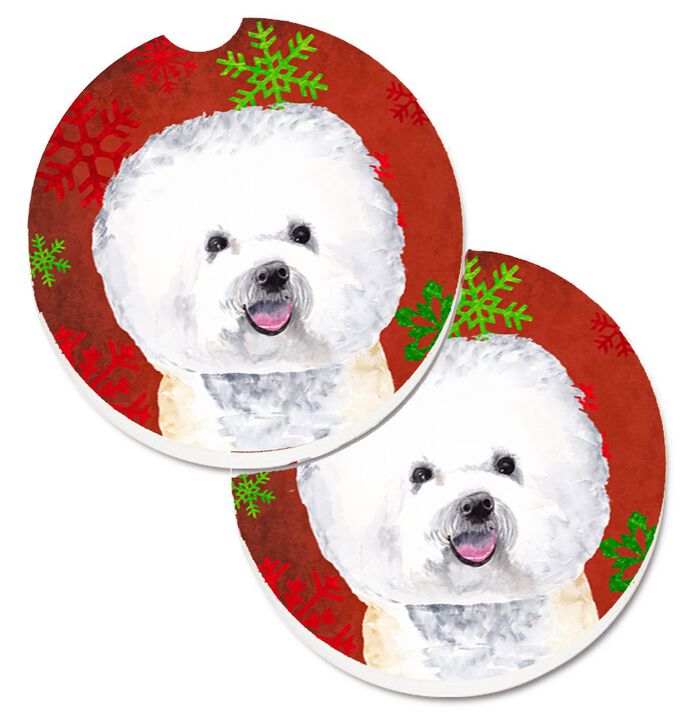 Caroline's Treasures Bichon Frise Red & green Snowflakes Holiday Christmas Set of 2 Cup Holder Car Coasters SC9402CARC, 2.56, Multicolor