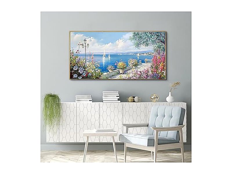 Large Coastal Wall Art Ocean Seascape Canvas Yellow Green Flowers Landscape Room image number 3