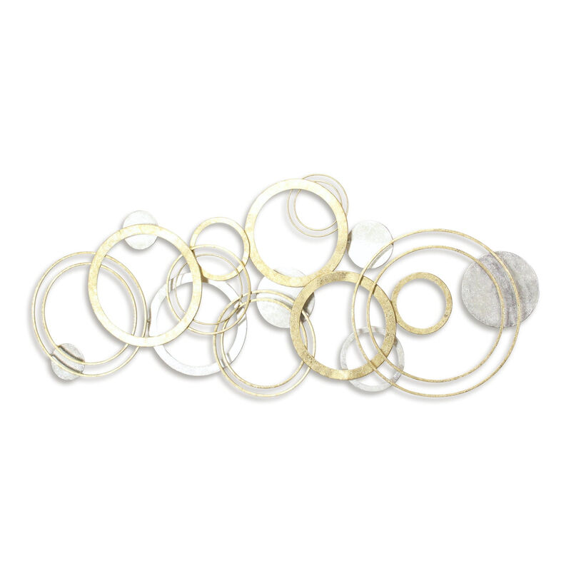 HomeRoots 18" X 44" Gold And Silver Geometric Metal Round Discs Hanging Dimensional Sculpture image number 2