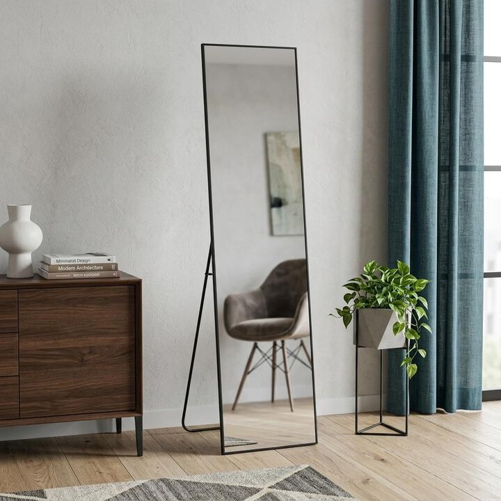 HomeRoots 55" Black Aluminum Wall Mount Leaning Or Freestanding Framed Full Length Mirror