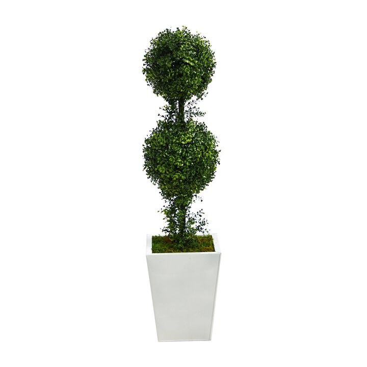 Nearly Natural 3.5-in Boxwood Double Ball Topiary Tree in White Metal Planter