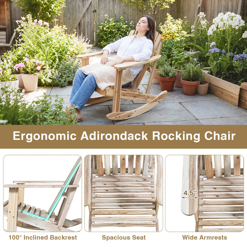 Natural Wood Adirondack Rocking Chair with Fanned Back Design image number 3
