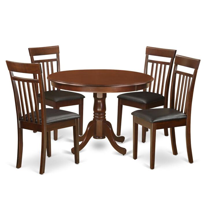 East West Furniture 5  Pc  set  with  a  Round  Table  and  4  Leather  Dinette  Chairs  in  Mahogany