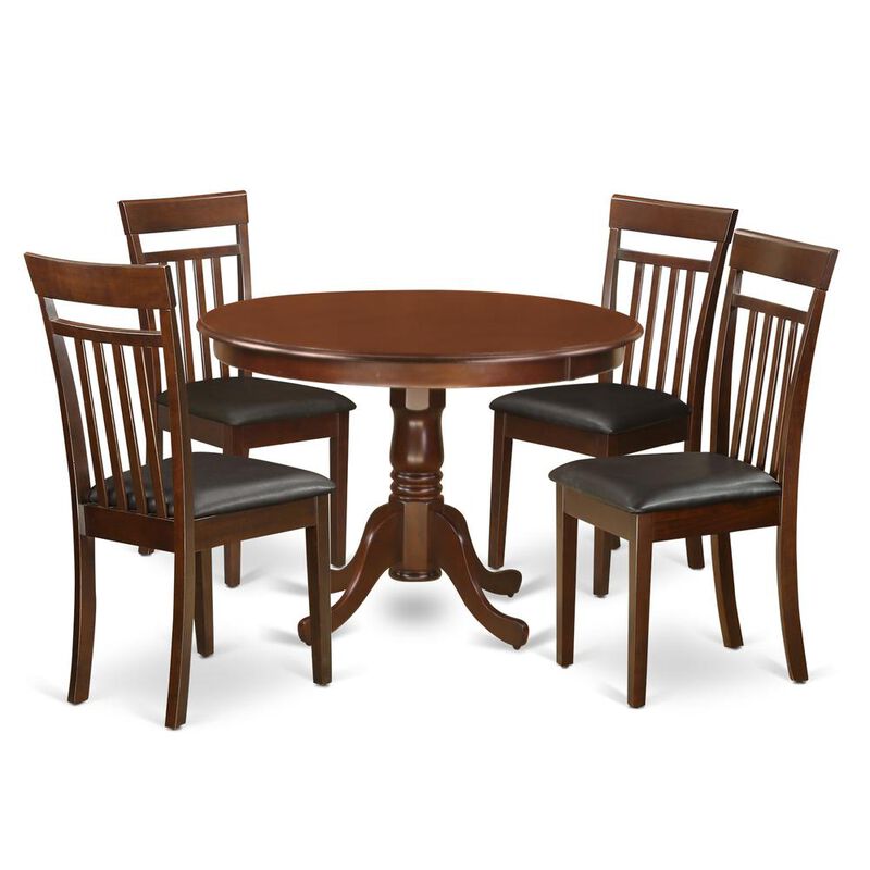 East West Furniture 5  Pc  set  with  a  Round  Table  and  4  Leather  Dinette  Chairs  in  Mahogany