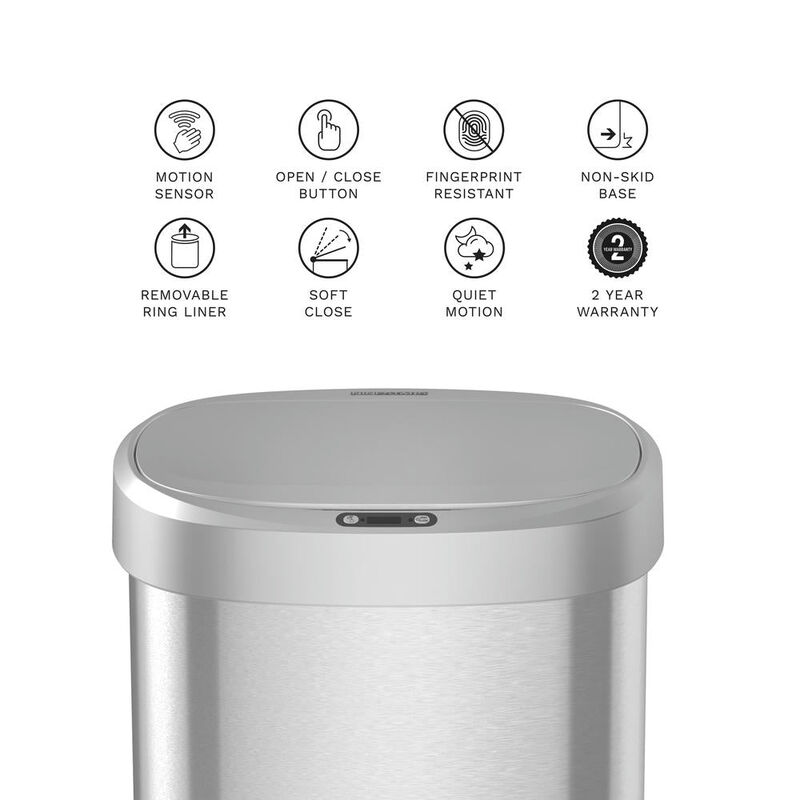 Ninestars Oval 13-Gallon Silver Stainless Steel Motion Sensor Trash Can
