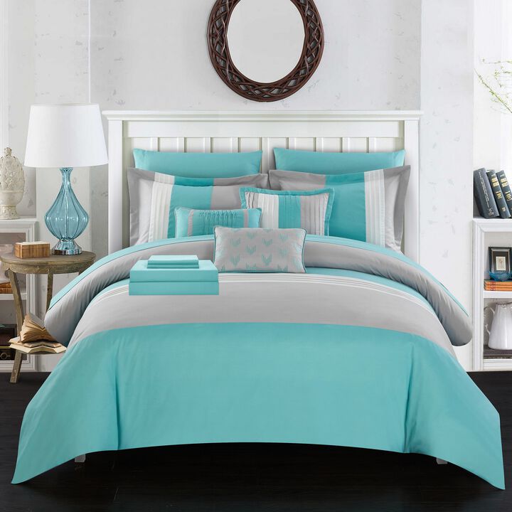Chic Home Moriarty Elegant Color Block Ruffled BIB Soft Microfiber Sheets 10 Pieces Comforter Decorative Pillows & Shams - Twin 66x90, Turquoise