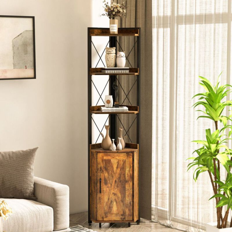 Hivago Tall Corner Storage Cabinet with 3-Tier Shelf and Enclosed Cabinet-Rustic Brown