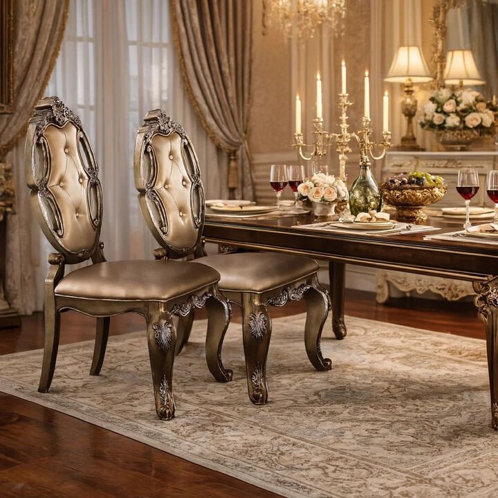 26 Inch Dining Chair, Faux Leather, Set of 2, Champagne Gold