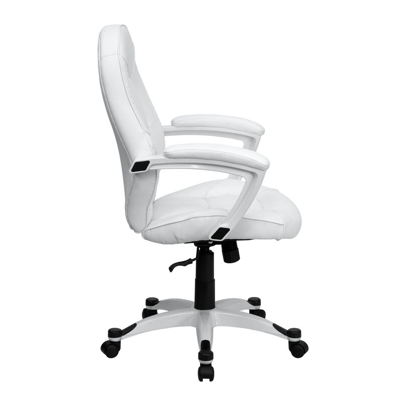 Quincey Mid-Back White LeatherSoft Tapered Back Executive Swivel Office Chair with White Base and Arms image number 5