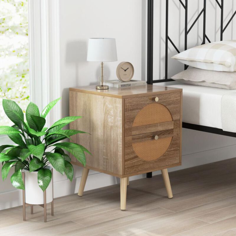 Hivvago Set of 2 Rattan Nightstand with 2 Drawers and Solid Wood Legs