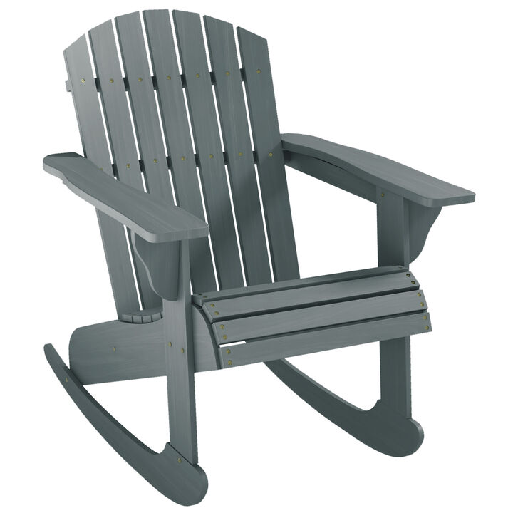 Outsunny Wooden Adirondack Rocking Chair Outdoor Lounge Chair Fire Pit Seating with Slatted Wooden Design, Fanned Back, & Classic Rustic Style for Patio, Backyard, Garden, Lawn, Gray