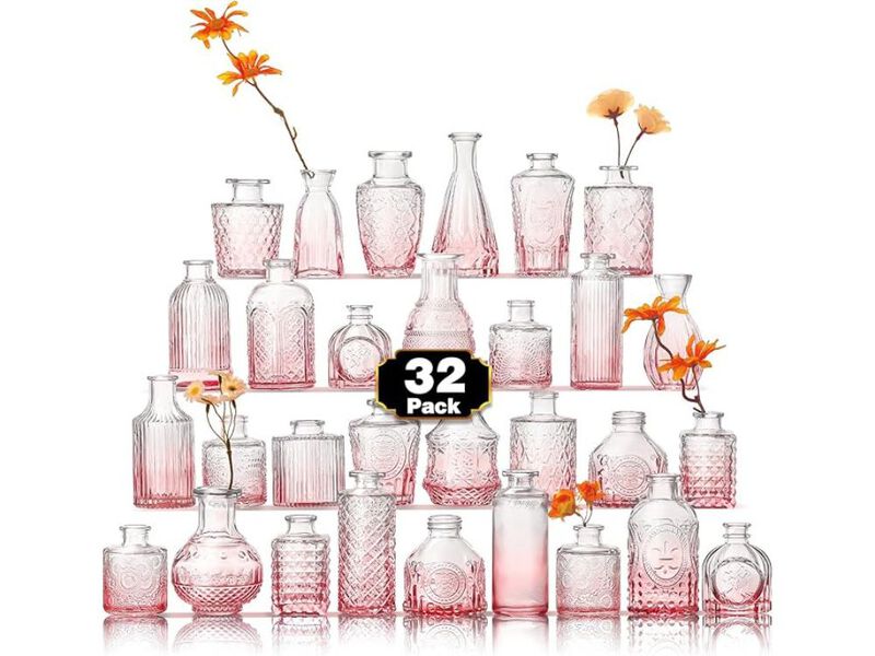 Set of 32 Pink Glass Bud Vases &ndash; Vintage Mini Centerpieces image number 0
