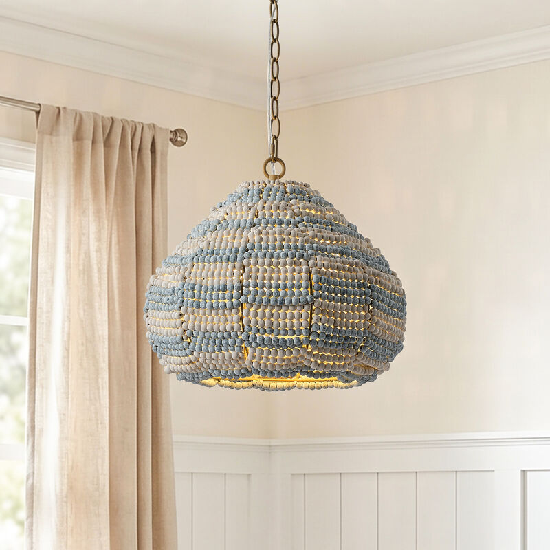15.7" Coastal 2-Light Distressed Blue and White Wood Beaded Gourd Chandelier, Pendant Light for Bedroom, Living Room or Dining Room image number 1