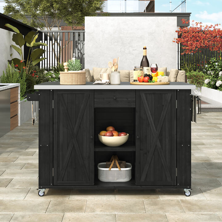 Clihome Outdoor Kitchen Storage Island Fir Wood Kitchen Island with Stainless Steel Top