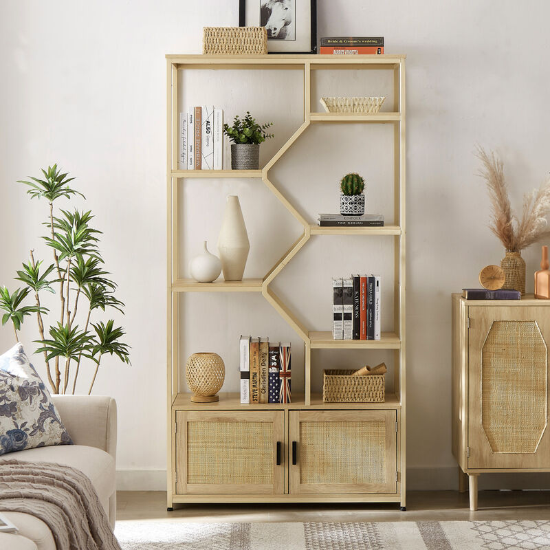 Rattan bookshelf 7 tiers Bookcases Storage Rack with cabinet for Living Room Home Office, Natural, 39.4" W x 13.8" D x 75.6" H