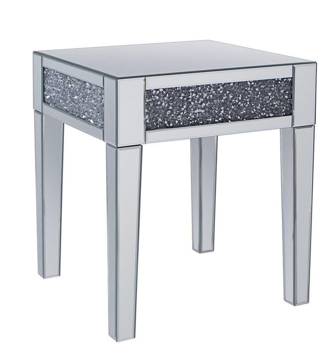 Wood and Mirror End Table with Faux Crystals Inlay, Clear- Benzara