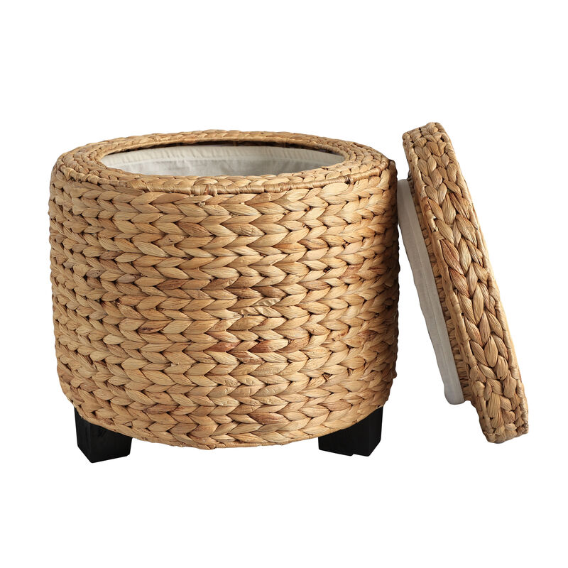 Addie 17.72" Modern Coastal Handwoven Water Hyacinth Storage Ottoman with Lid