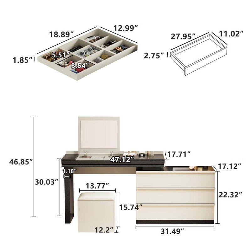 Adjustable L-Shaped Desk with Chair, 3 Drawers, Flippable Mirror & Storage Space for Writing & Vanity 47-70" Black & White