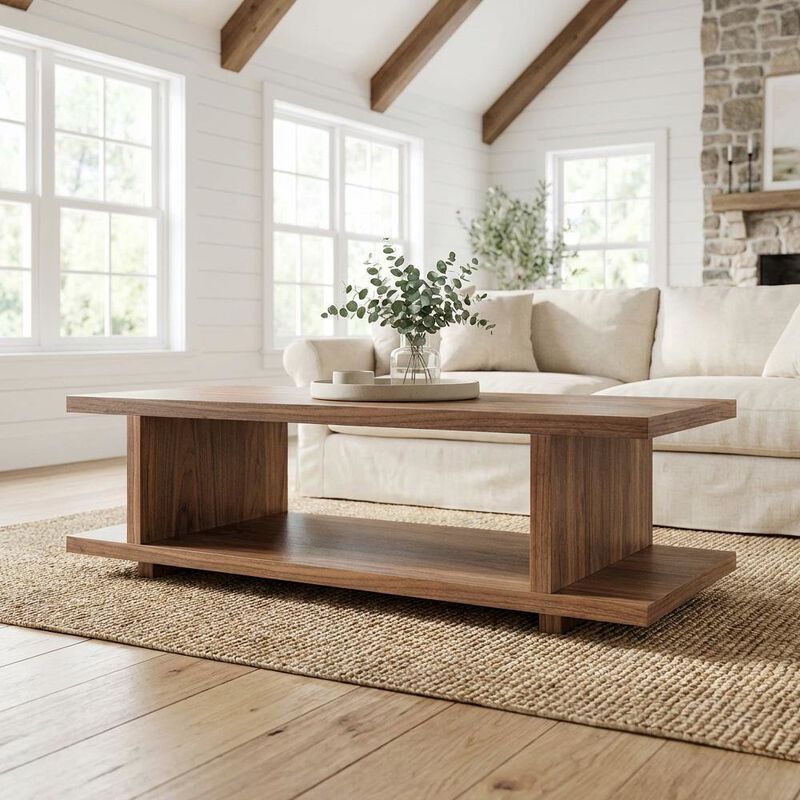 Starlight Canyon Home Brown Walnut Veneer Coffee Table with Matte MDF Frame and Open Storage image number 2