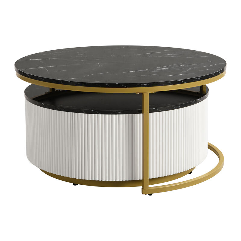 Merax Modern Round Nesting Coffee Table Fluted with Drawer