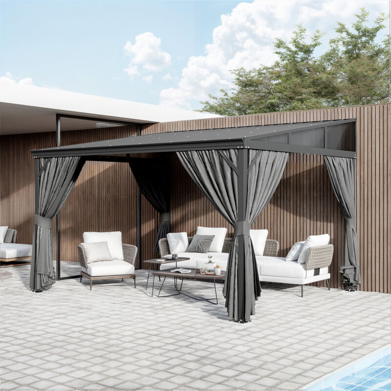 FUFU&GAGA Black Patio Lean-to Gazebo &ndash; Aluminum Frame with Galvanized Steel Roof, Mosquito Netting & Curtains, (145.4" L x 119.1" W x 99.7" ), 10 x 12 FT, Black
