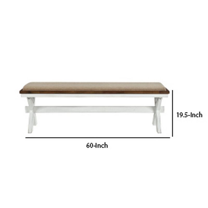 60 Inch Bench, Polyester Upholstery, Crossed Legs, Antique White Finish-Benzara