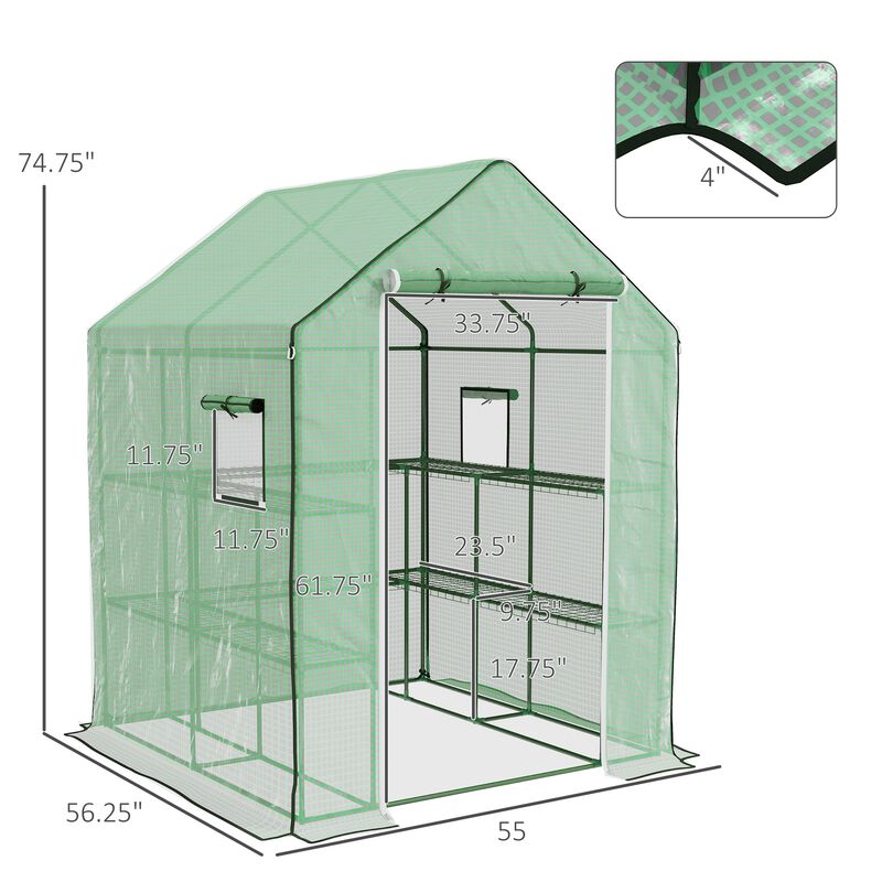 Outsunny 4.6' x 4.7' Portable Greenhouse, Water/UV Resistant Walk-In Small Outdoor Greenhouse with 2 Tier U-Shaped Flower Rack Shelves, Roll Up Door & Windows, Green