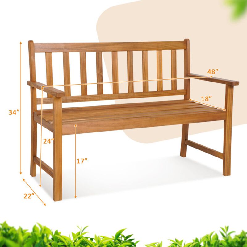 Hivvago 2-Person Patio Acacia Wood Bench with Backrest and Armrests