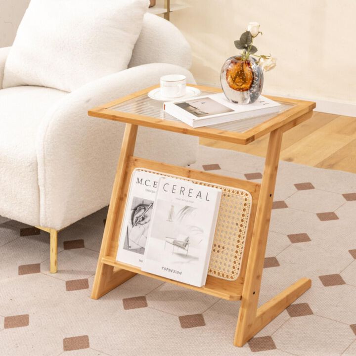 Hivvago Z-shaped End Table with Magazine Rack and Rattan Shelf
