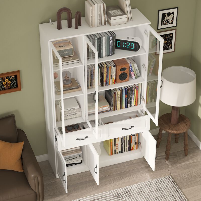 FUFU&GAGA Bookcase with Glass Doors, Drawers, and Storage Cabinets (47.2" W x 15.7" D x 78.7" H) White