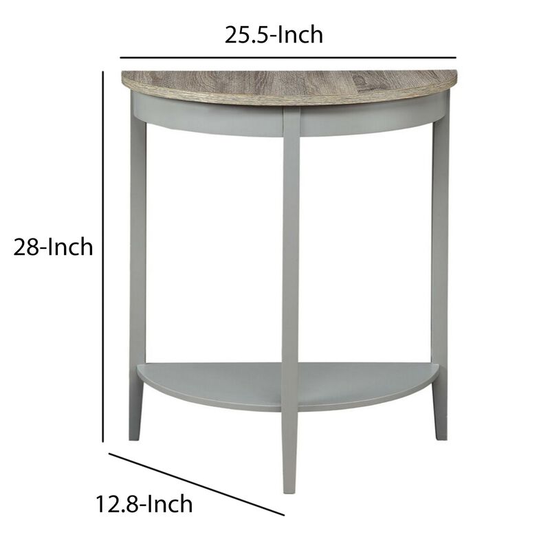 Wooden Half Moon Shaped Console Table with One Open Bottom Shelf, Oak Brown and Gray-Benzara