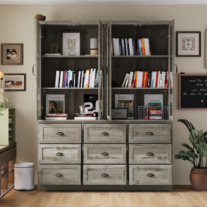 FUFU&GAGA Antique Design Display Cabinet & Storage with Tempered Glass Doors and Nine Drawers, Large Capacity, Gray Brown Oak Veneer Finish (63 in. W x 15.7 in. D x 78.7 in. H)