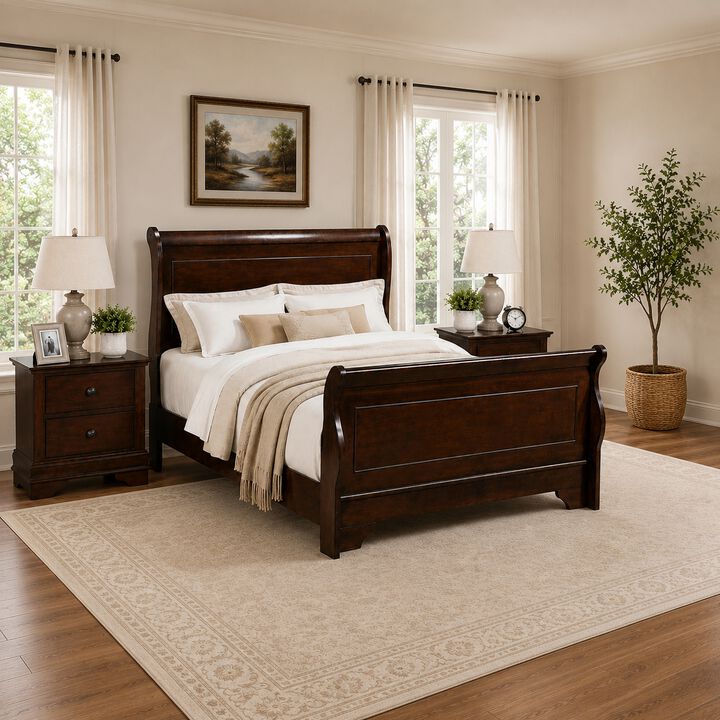 Queen Bedroom Set, Brown Wood, 3 Piece Set with 2 Nightstands