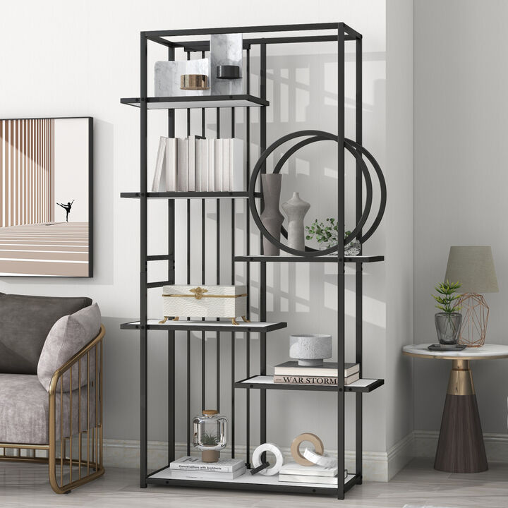 6 Tiers Home Office Bookcase Open Bookshelf with Black Metal Frame Storage Large Bookshelf Furniture, White