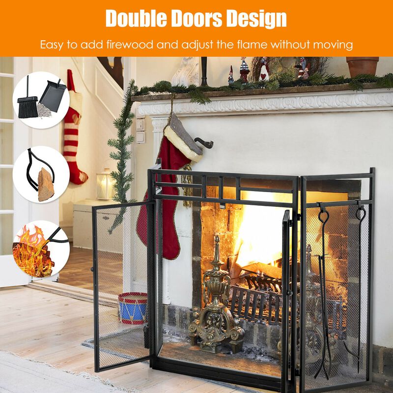 3-Panel Folding Wrought Iron Fireplace Screen with Doors and 4 Pieces Tools Set-Black image number 5