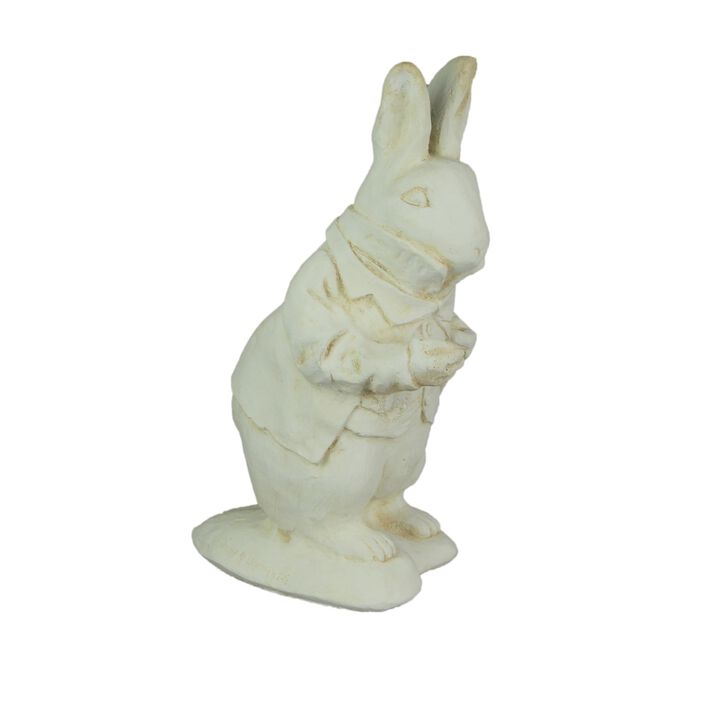 Alice In Wonderland White Rabbit Antiqued White Finish Solid Cement Statue 14 In