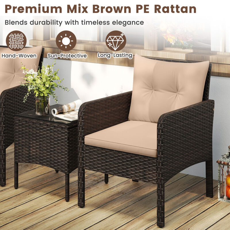 3-Piece Patio Wicker Furniture Set with Cushions for Balcony and Porch image number 6
