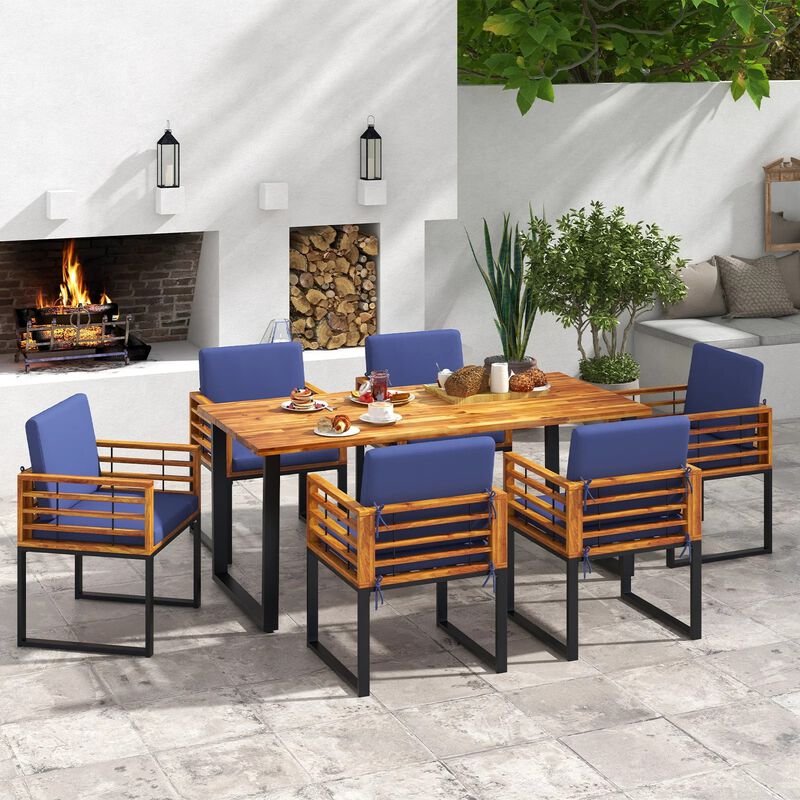 Mondawe 7-Piece Outdoor Patio Dining Set,1 Acacia Wood Table With Umbrella Hole & 6 Cushioned Chairs