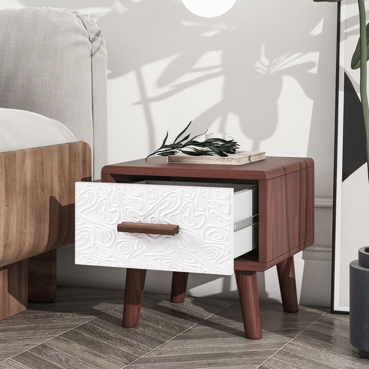 Square End Table with 1 Drawer Adorned with Embossed Patterns, Wood Legs and Handles for Living Room, Brown+White
