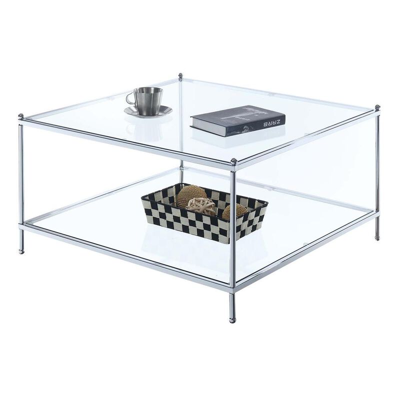 Convenience Concepts Royal Crest 2 Tier Square Glass Coffee Table, Clear Glass/Chrome Frame
