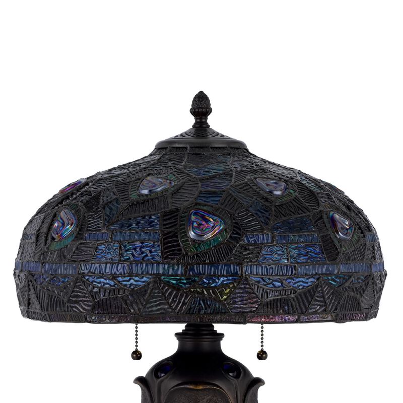 Table Lamp with Pull Chain, Blue Tiffany Stained Glass, 26 Inch Dark Bronze image number 5